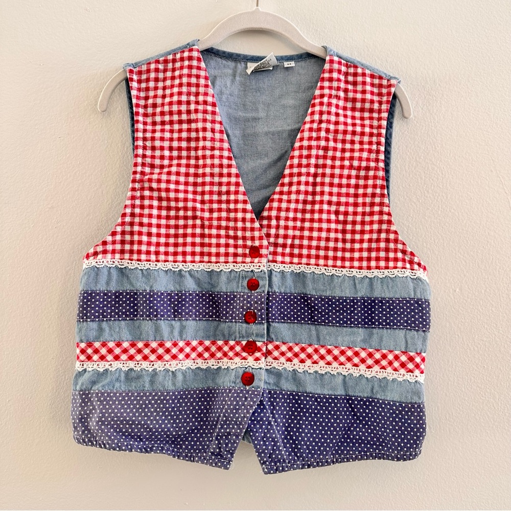 Vintage Patchwork Gingham Denim Vest Medium Cottagecore Picnic Quilted Style